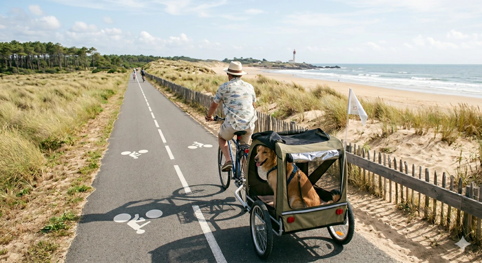 Un chien et un homme en balade à vélo sur la piste cyclable le long de la cote Vendéenne