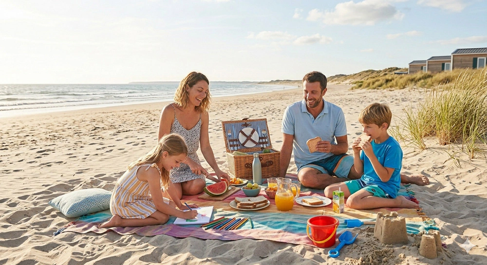 famille sur la plage de la tranche sur mer en vacances dans un mobil home